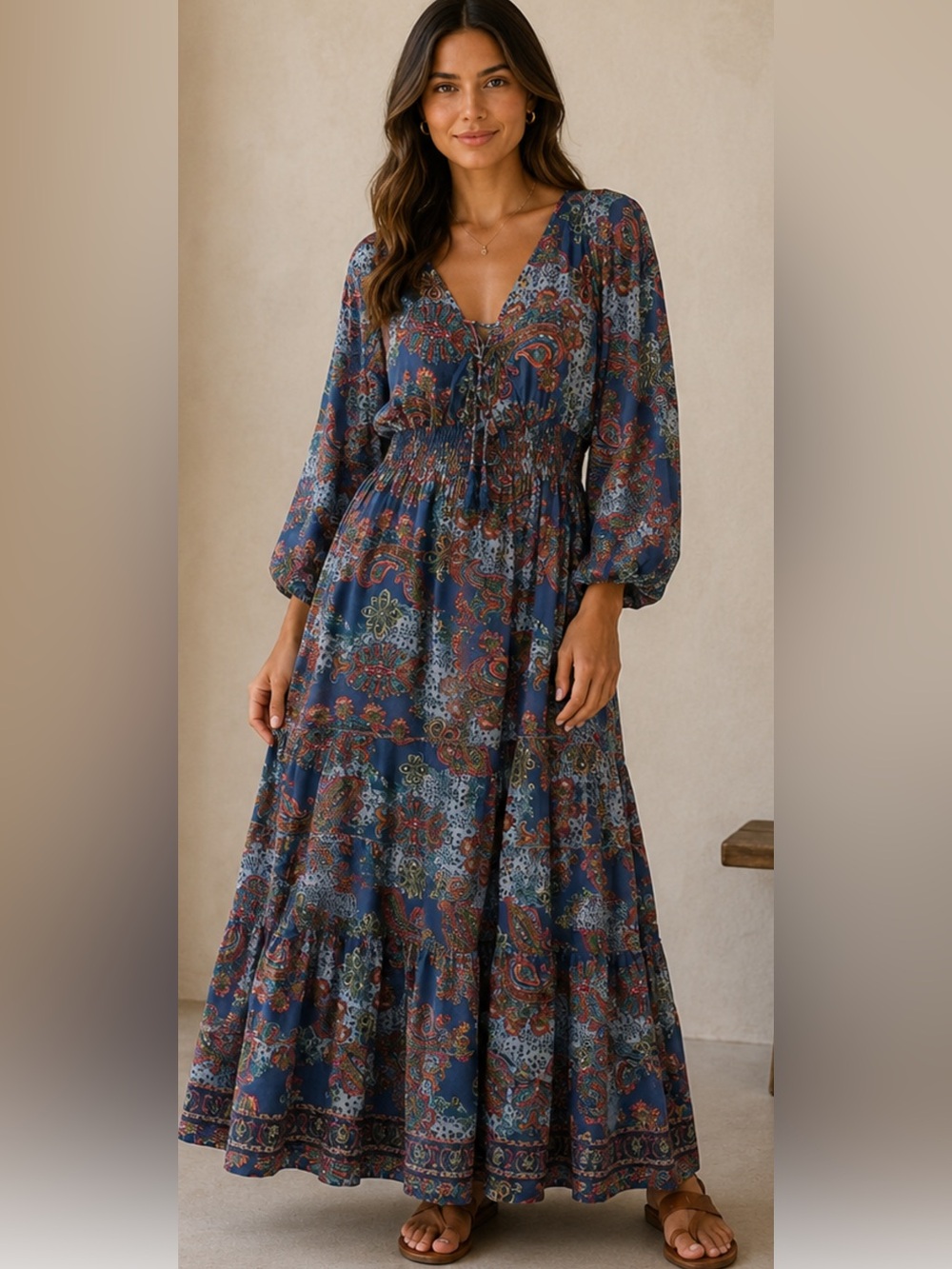NWT BOEMO Anthropologie BOHO Muumuu Paisley Tiered Maxi Kimono Sleeve Dress SZ L